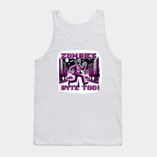 Neon Pink 8-Bit Zombie Chase in Cyberpunk City: Retro Gaming Art Tank Top